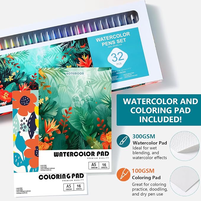 32 Watercolor Pens Set Includes 26 Vivid Colors, Real Brush Tips Paint Markers Set with 2 Blender Pens, Watercolor Pad and Coloring Pad, Art Supplies Gifts for Beginners Young Artists and Adults