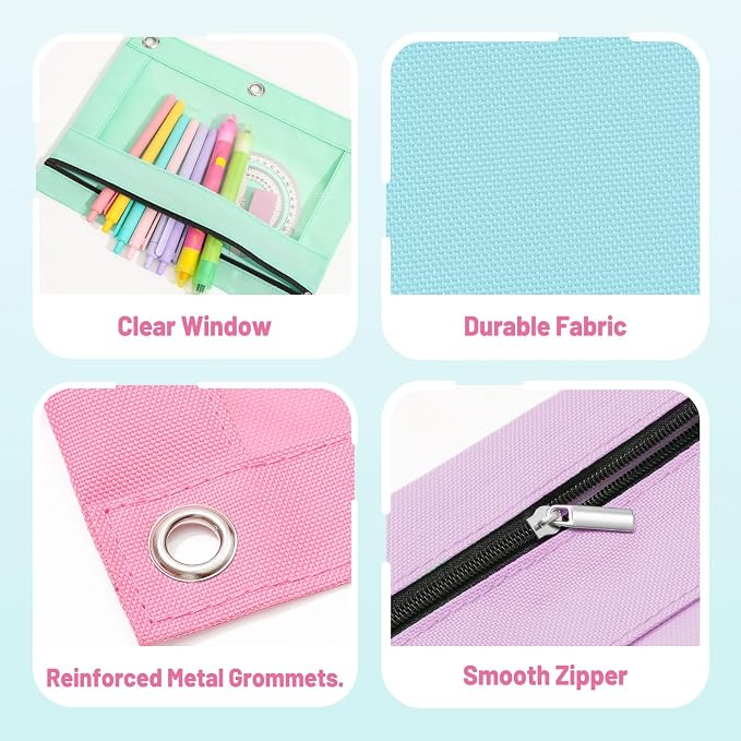 SUNEE Pencil Pouch for 3 Ring Binder, Large Zipper Pencil Case with Clear Window, 3 Reinforced Grommets, Binder Accessories for School and Office Supplies Storage, Purple