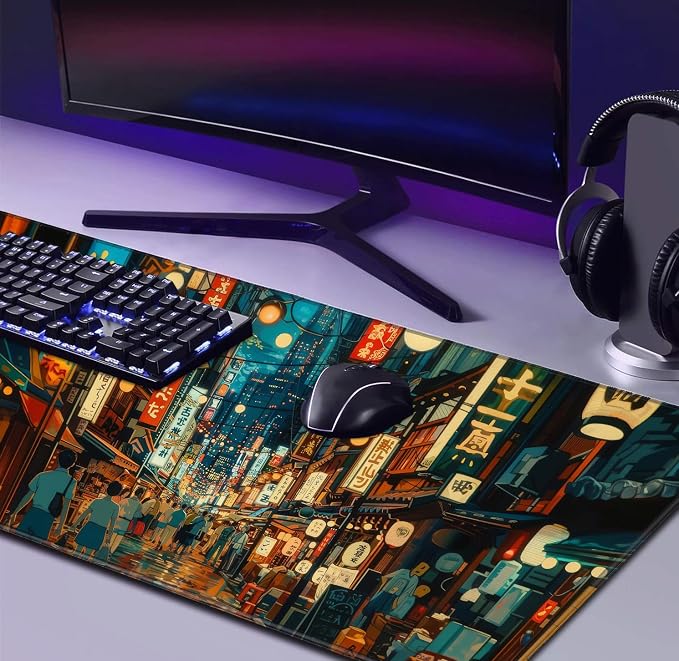 Cute Japanese Street Keyboard Desk Mat, Tokyo Night View Computer Mouse Mat | Large Extended Mouse Pad; Full Desk Coverage; Waterproof Coating; Stable Anti-Slide Base For Gaming, Office, Study Daily Use