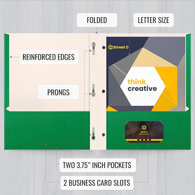 Better Office Products Green Paper 2 Pocket Folders with Prongs, 50 Pack, Matte Texture, Letter Size Paper Folders, 50 Pack, with 3 Metal Prong Fastener Clips, Green