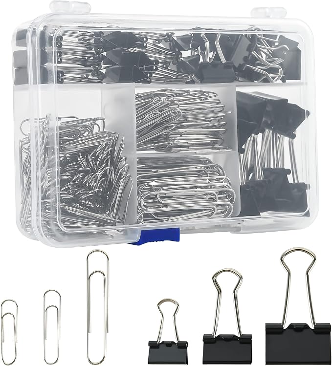Assorted Size Binder Clips & Jumbo Paper Clips Set - 340pcs Black, Large for Office & School Supplies, in Container with Compartments