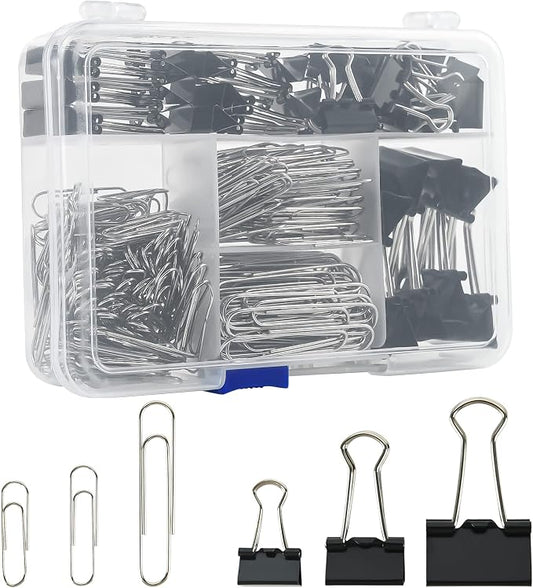 Assorted Size Binder Clips & Jumbo Paper Clips Set - 340pcs Black, Large for Office & School Supplies, in Container with Compartments