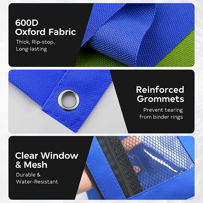 3 Ring Pencil Pouch for Binder, 2-Pocket Zipper Pencil Case with Clear Window & Mesh Pocket, 600D Oxford Fabric Binder Pouch for School Office Supplies, Fits Standard 3-Ring Binders, Blue