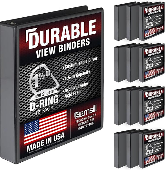 Samsill Durable 1.5 inch 3 Ring Binder, D Ring Binder, 100% Recycled Chipboard, Black, 12 Pack