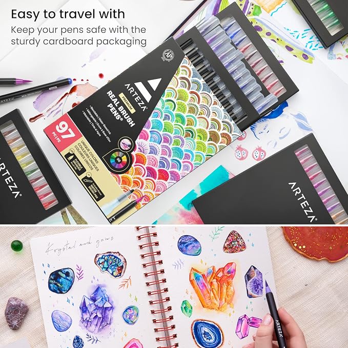 ARTEZA Real Brush Pens, 96 Colors, Watercolor Pens and Drawing Markers with Flexible Nylon Tips, Bonus Water Brush for Coloring, Sketching, Lettering and Art Journaling