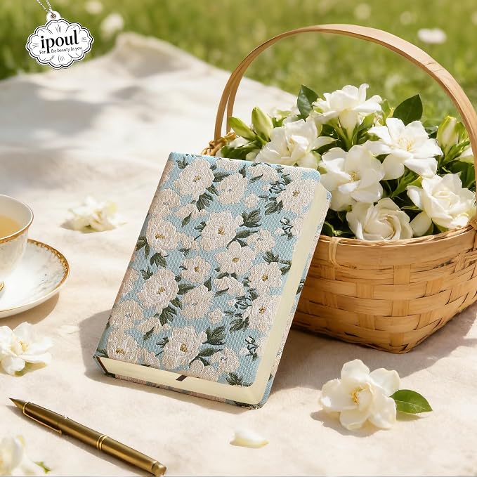 Small Journal for Women, Flower Notebook, B6, 5x7, Ruled Notebook & Blank Sketchbook, Embroidered Journal, Hardcover, Lay Flat, Note Taking Notebook, Cute Journal, White Gardenia