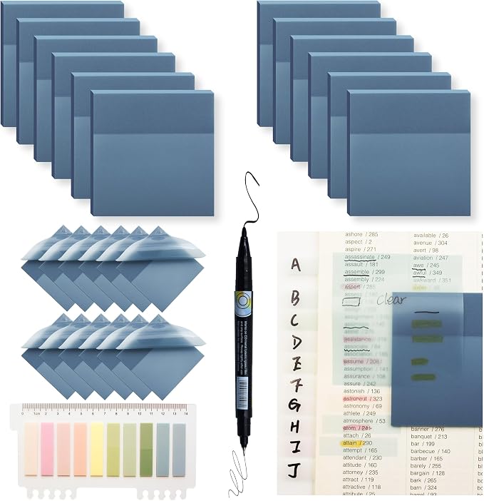 YOUDEFUL 800Pcs Transparent Sticky Notes, Morandi Blue Clear Sticky Notes, 3"x3" Waterproof Translucent Sticky Note Pads, Index Tabs, Clear Post it Notes for Bible Study, See Through Sticky Notes