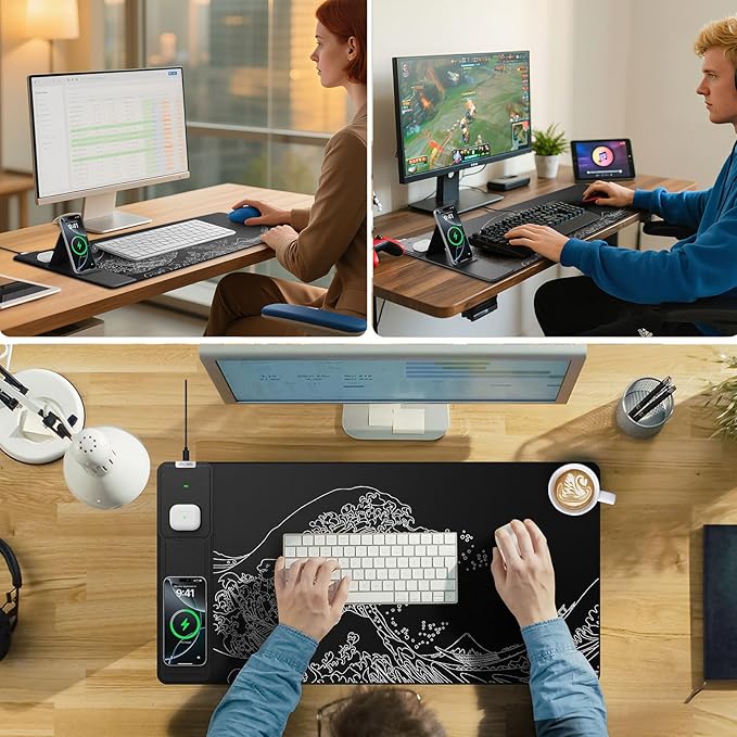 Wireless Charging Mouse Pad with Foldable Phone Holder, Black Wave | 31.5"x15.8" Large Desk Mat for Laptop/Keyboard, Waterproof Ultra-Smooth Surface, Non-Slip Base