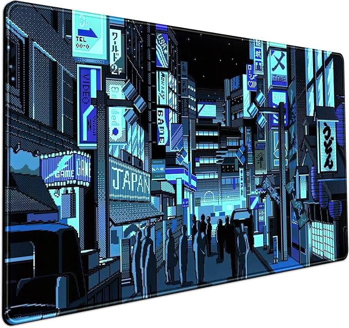 Japanese Gaming Arcade Blue Large Gaming Mouse Pad Keyboard Desk Pad Extended Mouse Pad Gaming Office Decor, Pc Laptop Mouse Pads Large (31.5x15.7 in) with Stitched Eges Non-Slip Base Mousepad XXL