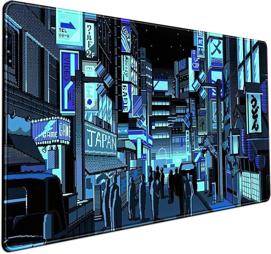Japanese Gaming Arcade Blue Large Gaming Mouse Pad Keyboard Desk Pad Extended Mouse Pad Gaming Office Decor, Pc Laptop Mouse Pads Large (31.5x15.7 in) with Stitched Eges Non-Slip Base Mousepad XXL