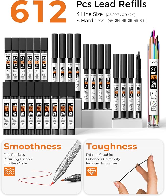 STAGEEK 45PCS Black & Silver Metal Mechanical Pencil Set in Leather Case, 0.5, 0.7, 0.9, 2.0mm Drafting Pencils with 28 Tubes(6B 4B 2B HB 2H 4H & Colors)Lead Refills for Art Drawing, Sketching,Writing