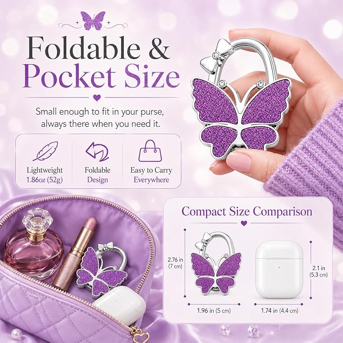 Purse Hook for Table, Foldable Handbag Hanger for Women, Portable Bag Holder with Non-Slip Base, Cute Bling Purple Butterfly Purse Table Hook for Restaurant Office Travel Gift