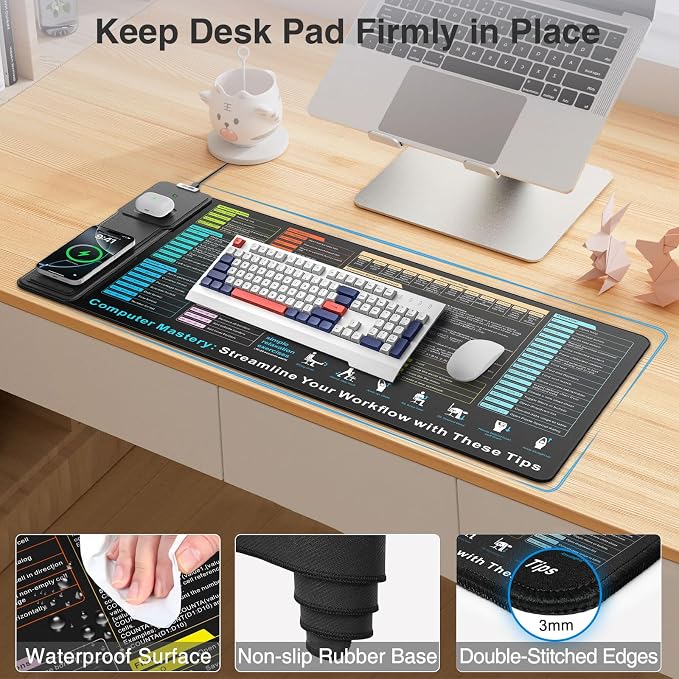 Wireless Charging Mouse Pad with Foldable Phone Holder | 31.5"x15.8" XXL Excel Cheat Sheet Desk Mat for Laptop/Keyboard, Waterproof Ultra-Smooth Surface, Non-Slip Base