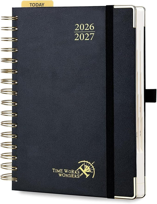 POPRUN 2026-2027 Daily Planner One Page Per Day, 5.75" x 8.5", Academic Daily Calendar Book with July 2026 to June 2027, Hardcover Appointment Book with Hourly Time Slots, Spiral Bound, Monthly Tabs - Black