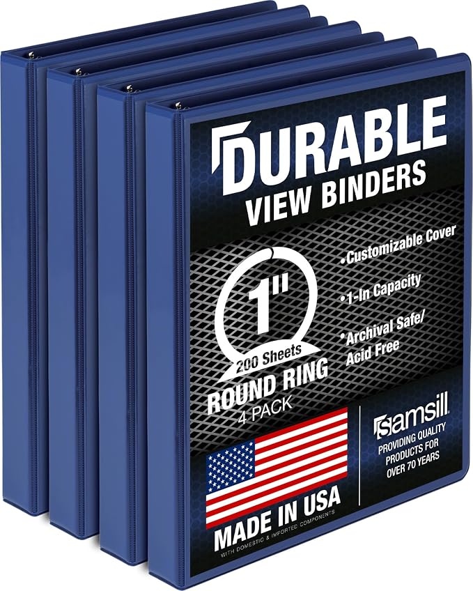 Samsill 4 Pack Durable 1 Inch 3 Ring Binders, Round Ring, Clear View Cover for Presentations, Blue