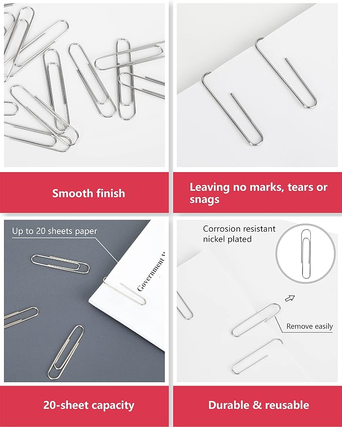 PAPERPAL Paperclips for Office School & Personal Use, Jumbo Smooth Paper Clip (2"), 300 Large Paper Clips (3 Boxes of 100 Each), Silver | Large paper clips for office, school and personal use, conveniently packed in 3 boxes of 100 each.