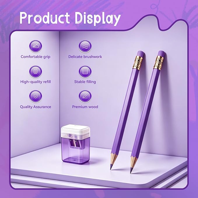 12 Pcs Purple Pencils with Eraser for Kids HB Erasable Pencils Pre-Sharpened Professional Wooden Pencils Set with Smooth Lead Cores, Ideal for School Drawing, Sketching, Coloring and Creative Projects