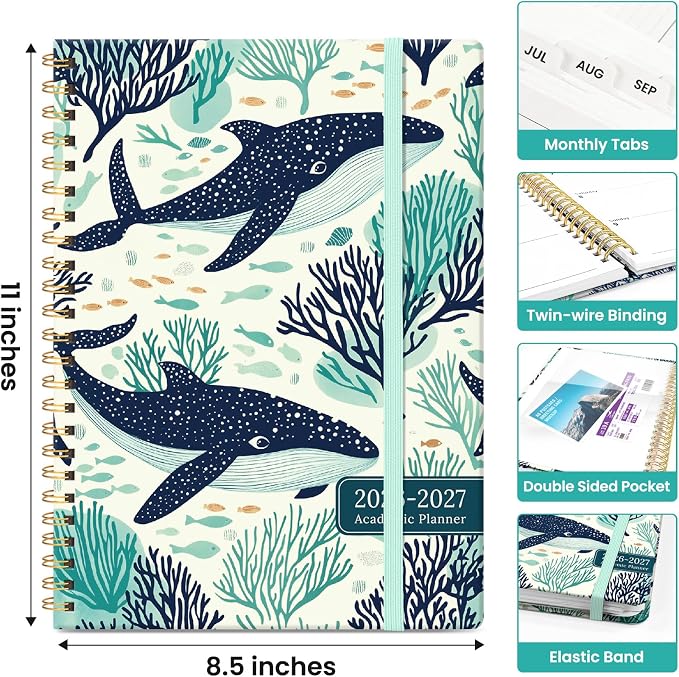 Planner 2026-2027, Academic Year Monthly and Weekly Calendar Planner, Jul 2026 - Jun 2027, Hardcover Teacher Student Planning Agenda book with Tabs, Perfect for School Office Supplies, 8.5" x 11" - Drifting Whales