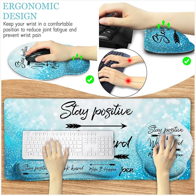 LIMKRIAN Desk Mat Pad Set, Large Mouse Pad with Wrist Rest, Stay Positive | Ergonomic Mouse Pad, Gaming Computer Keyboard Mat Wrist Support, Coaster, Home Office Desk Accessories Decor Supplies
