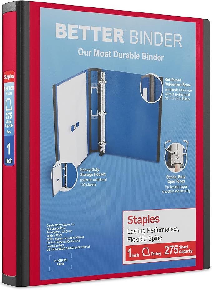 Staples 1-Inch 3-Ring Better Binder, Durable View Binder for Office & School Organization, Red, 3-Pack