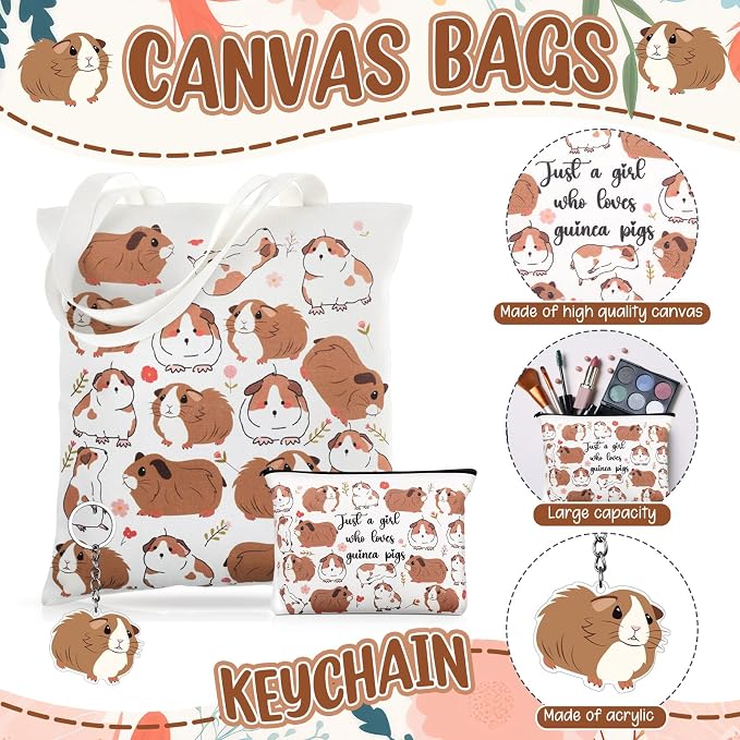 Kinlop 5 Pcs Guinea Pigs Lover Gifts for Women Include Just a Girl Who Loves Guinea Pigs Tote Bag Canvas Cosmetic Bag Coil Notebook Keychain and Ballpoint Pen for Women Girls
