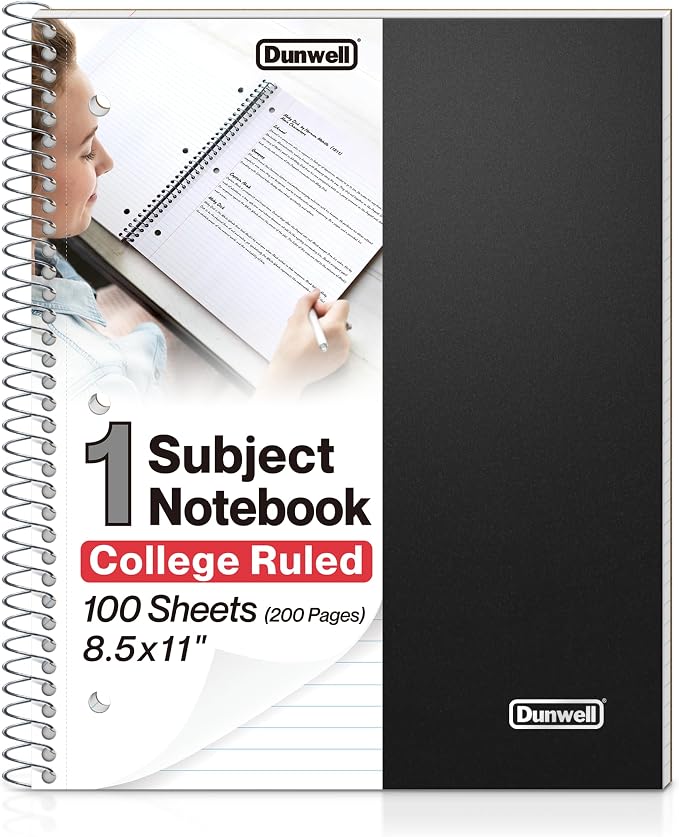 Dunwell College Ruled Spiral Notebook (Black), 1 Subject Notebook 8.5 x 11 for School, Plastic Cover, Pocket Divider, 100 Sheets (200 Pages), 3-Hole Punched Perforated 8 1/2 x 11 Paper