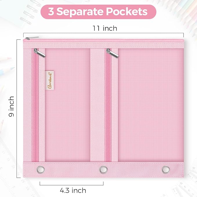 3-Ring Binder Pencil Pouch, Zipper Organizer with 3 Compartments, Mesh Window & Metal Grommets, Durable Oxford Pen Case for School Office Supplies Pink