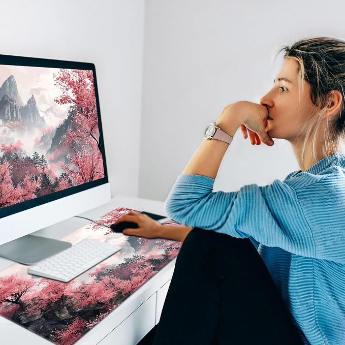 Heated Desk Pad Mouse Pad,Heated Desk Mat,with 3 Heating Levels & 3 Hours Auto Shut-Off,Leather 23.6"*14.2" Gaming Mouse Laptop Mat,Foot Warmer,Watercolor Tree Mountain