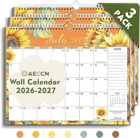 AECCN Calendar 2026-2027 18 Months, 3 Pack-Flower | 14.4" x 11.4" | 110GSM Thick Paper | No-Bleed | Stickers Attached | Home, School & Office Use
