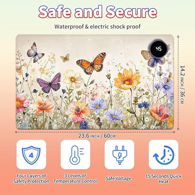 Heated Desk Pad Large Mouse Pad 23.6 x 14.1 inch with 3 Levels Heating & Auto Shut-Off Warm Mouse pad PU Leather Computer Mousepad for Home Office Work - Watercolor Butterflies and Flowers