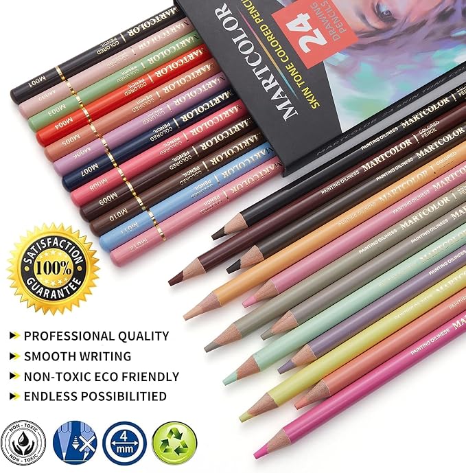 MARTCOLOR Skin Tone Colored Pencils for Portraits and Skintone, 24 Colors | Oil Color Pencils for Drawing, Sketching, Adult Coloring, Shading & Blending, Artist Pencils for Beginners, Artists