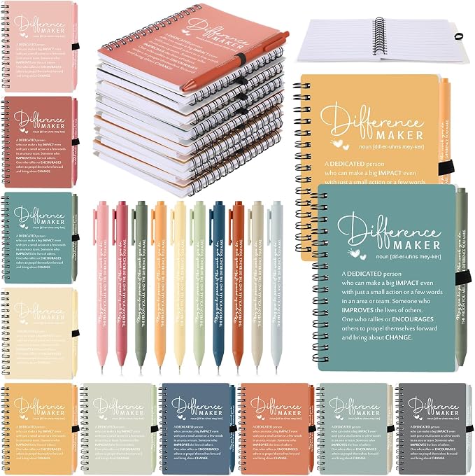 Resurhang 20 Sets Difference Maker Employee Appreciation Gift Bulk Inspirational A6 Spiral Notebook Journal Ballpoint Pens for Teacher Volunteer Coworker Team Back to School (Morandi Colors)