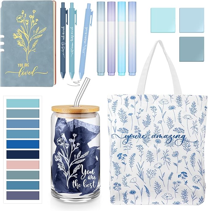 14 Pcs Inspirational Journal Kit for Women Aesthetic A6 Leather Journal Notebook Glass Cup Canvas Tote Bag Motivational Pen Stationery Set for Vbs Sunday School Teacher Back to School(Blue)
