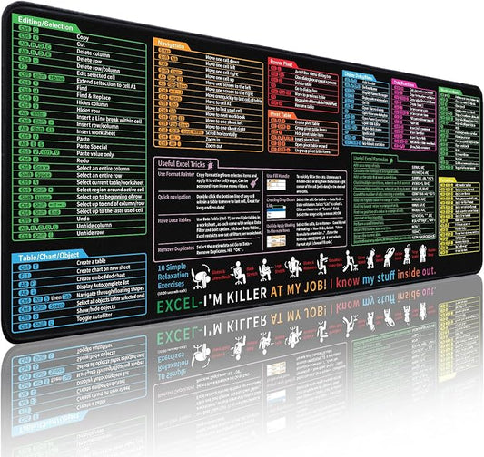 Excel Cheat Sheet Desk Pad - Large Mouse Pad - Excel Cheat Sheet Desk Mat, Non-Slip Base Mousepad Suitable for Office, Computer Games, Desk Mat and More (47.2L x 16.9W inches)