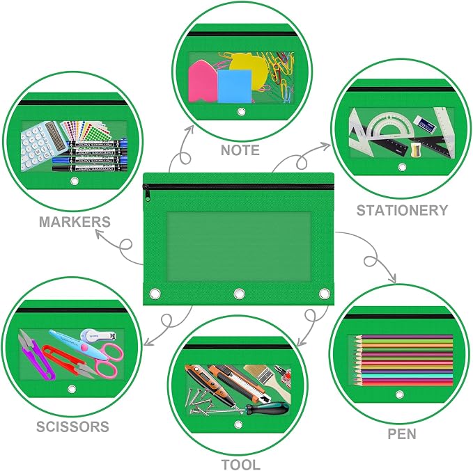Pencil Pouch for 3 Ring Binder, 2 Pack Pencil Bags with Zipper, Green Pencil Case for Classroom School Office Supplies, Large Sturdy and Durable Cloth Pencil Pocket for 3 Holder Binder