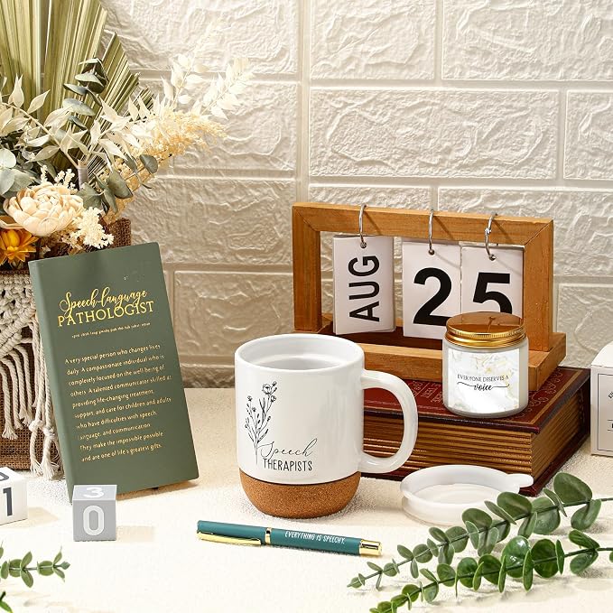 Sayglossy 4 Pcs Speech Therapist Gift Set Therapy Speech Language Pathologist Gift for Men Women Slp Thank You Appreciation Notebook Coffee Mug Scented Candle Ballpoint Pen for Therapist Coworker