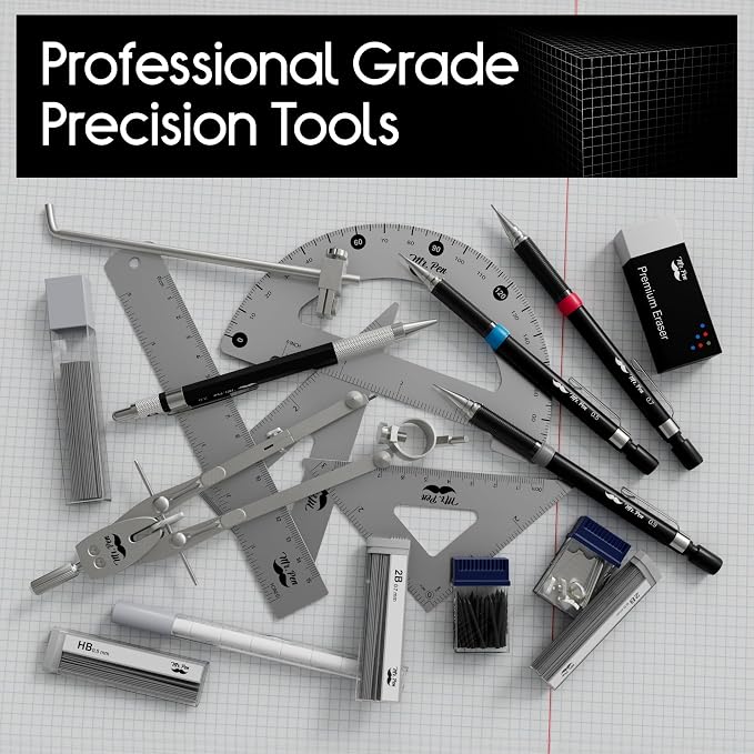 Mr. Pen- Professional Geometry Set, 17 pcs, Metal Compass | Mechanical Pencils, Rulers, Protractor & Set Squares, Lead Refills, Extra Screws & Needles, Drafting Kit for Math