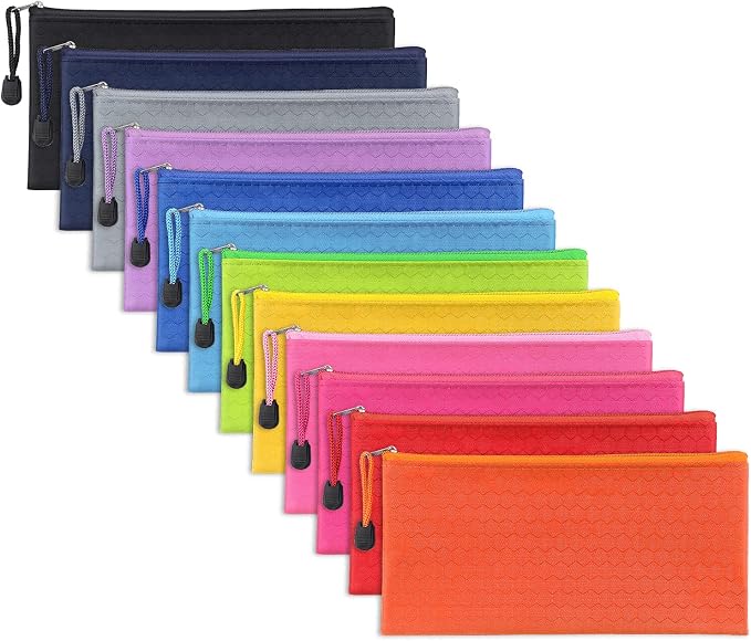 Tamaki 12 Pack Zipper Pouch, Bulk Waterproof Pouch Cases | Multi-Purpose Organizer Bags for Office Supplies, Travel Accessories