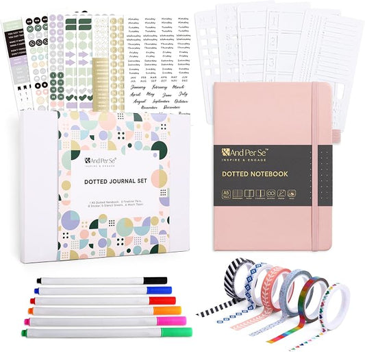 &And Per Se Dotted Journal Kit, A5 Hardcover Dot Grid Journal Notebook Set for Beginners with Journaling Supplies Stencils, Stickers, Washi Tapes & Colored Pens Accessories (Pink)