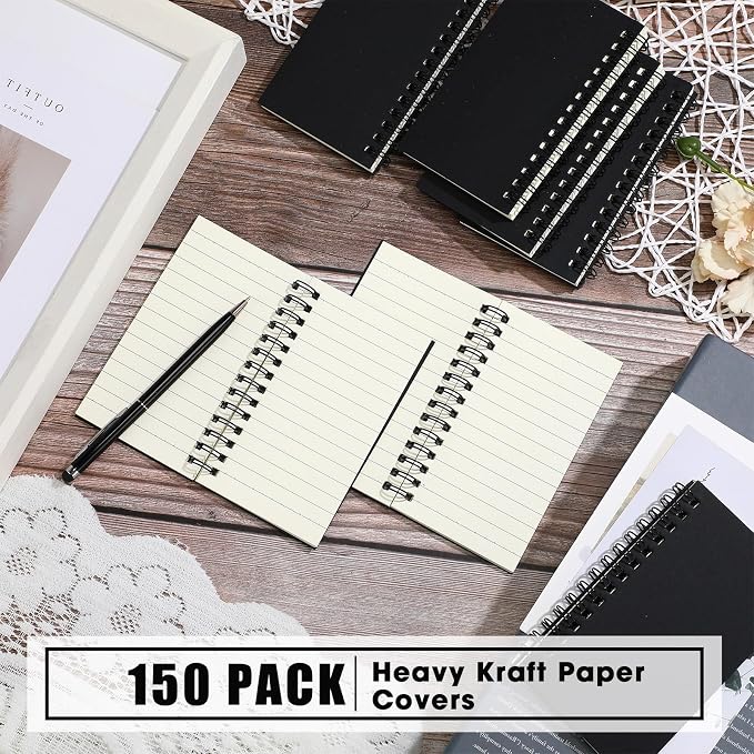 Jutom 150 Pcs Small Spiral Notebooks Memo Pads 3x5 Bulk Small Pocket Notepads Back to School Supplies Mini Notebook with Lined Mini Journals for Office & Work, 120 Pages (Black)