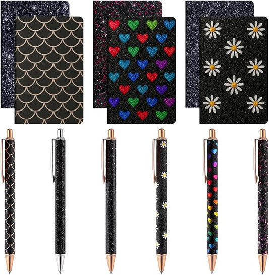 12 Set Cute Mini Notebook and Fancy Pen Gift Set for Women 6 Mini Glitter Pocket Notepad 6 Cute Sparkly Glitter Pen for Girl Office First Day of School Mother's Day Christmas Graduation(Black)