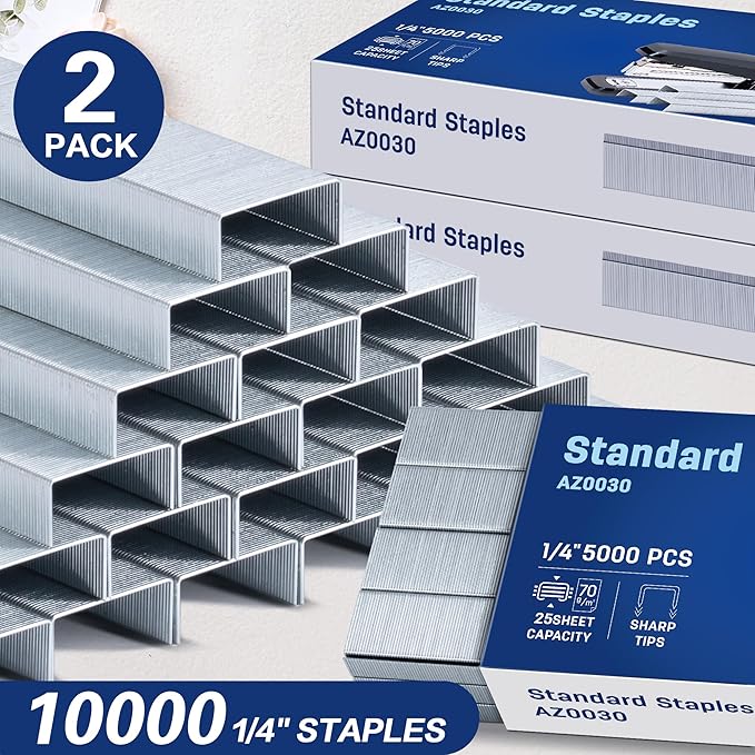 Deli Staples, 10000 Staples, 1/4'' Length, 210/Strip, 2 Boxes of 5000 Each | Standard Staple for Desktop Staplers