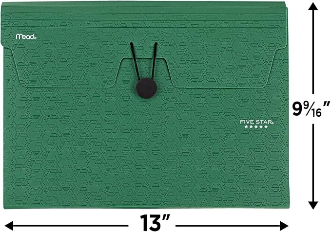 Five Star 6 Pocket Expanding File Organizer, Plastic Expandable File Folders with Pockets and Tab Inserts, Holds 11" x 8-1/2", Bungee Closure, Forest Green (72925)