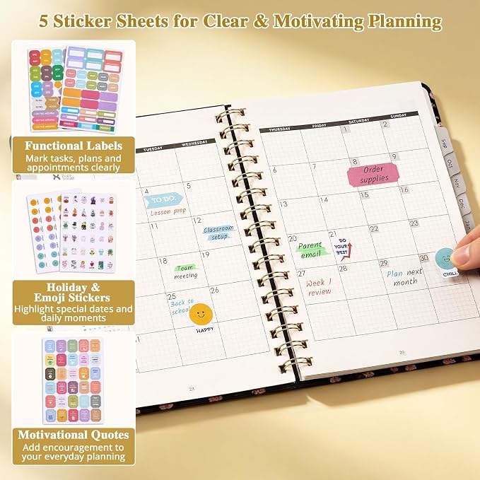 JoyCat Academic Planner 2026-2027, A5 Weekly & Monthly, Midnight Garden | July 2026-June 2027 A5 planner combines weekly and monthly layouts, tabs, grid notes and sticker sheets.