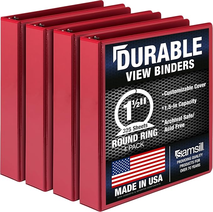 Samsill 4 Pack Durable 1.5 Inch 3 Ring Binders, Round Ring, Clear View Cover for Presentations, Red