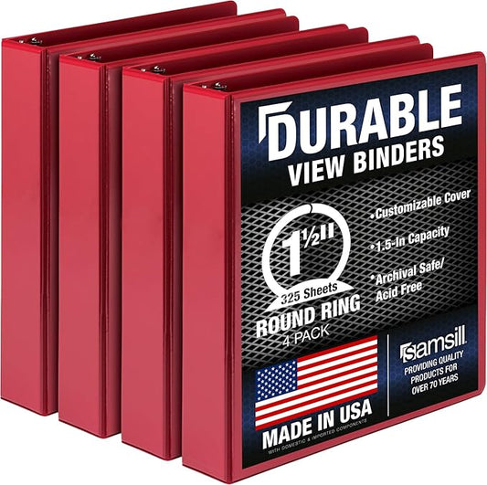 Samsill 4 Pack Durable 1.5 Inch 3 Ring Binders, Round Ring, Clear View Cover for Presentations, Red