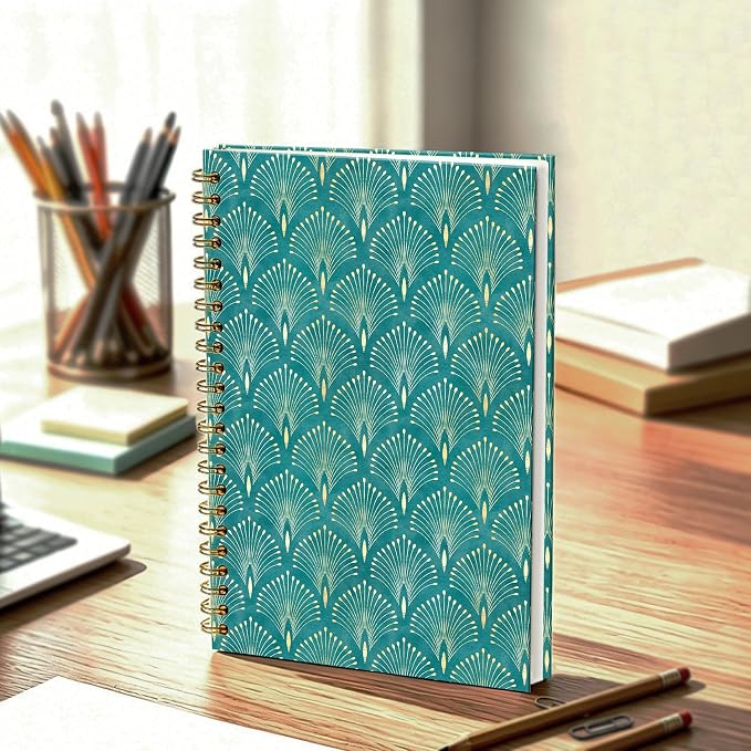 HOXUNQINA Art Deco Teal Green and Gold Journal Notebook 5.5x8.3 | Boho Abstract Peacock Feather Journal for Women, Luxury Modern Green and Gold Fan Notebooks for Work