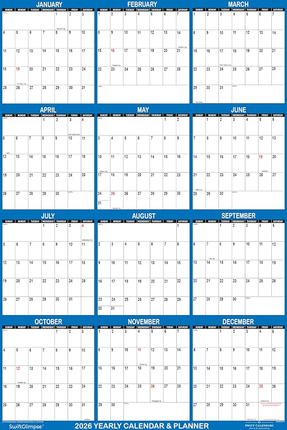 24" x 36" SwiftGlimpse 2026 Wall Calendar Erasable Large Wet & Dry Erase Laminated 12 Month Annual Yearly Wall Planner, Reversible, Horizontal/Vertical, Navy
