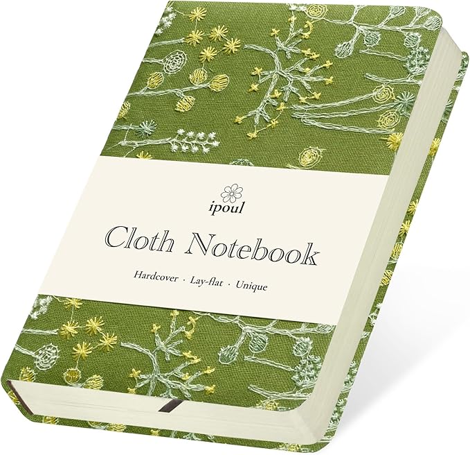 Pocket Notebook, A6 Journal, Small Embroidered Journal, Cute Fabric Notebook, Lay Flat Hardcover Journal, 4x6 Lined Notebook & Sketchbook, Personal Writing Journal for Women, Green Dandelion