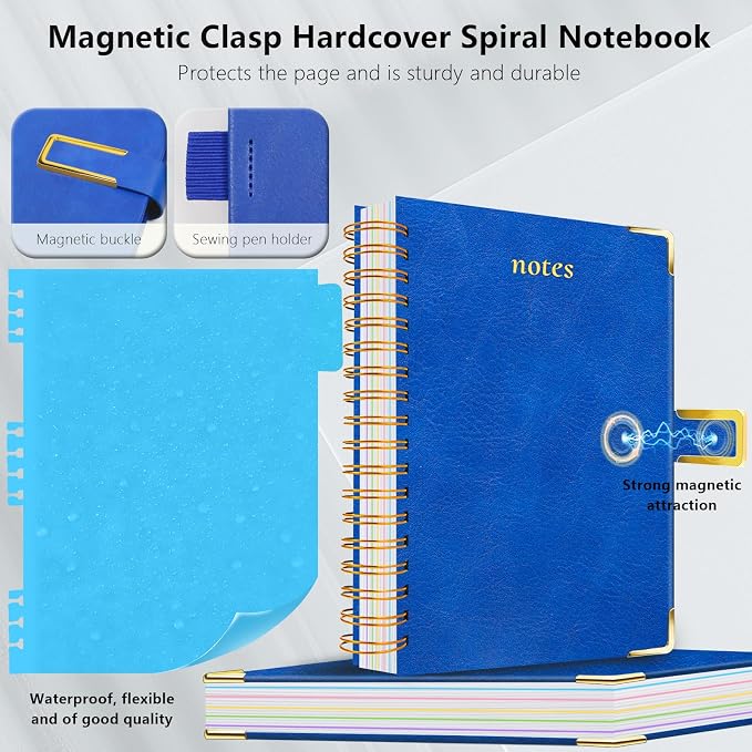 Hardcover Spiral Notebook College Ruled, 8.5"x11" Leather Journal Notebook with Magnetic Closure, 300 Pages 5 Subject Notebook with Dividers Tabs Journal for Women Men, Work, School(College Blue)
